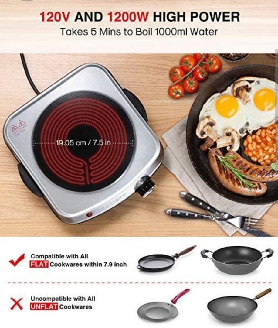 SUNAVO Electric Infrared Burner, 1200W Ceramic Glass Hot Plate, 6 Power  Levels Stainless Steel Single Burner for Kitchen Camping RV and More  Silver, TV u0026 Home Appliances, Kitchen Appliances, Hobs u0026 Hoods