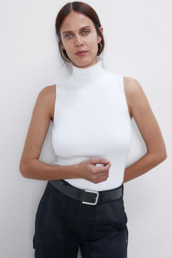 Zara White Knit Sleeveless Turtleneck Top S
