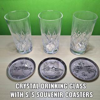 3 PCS. TALL CRYSTAL DRINKING GLASS WITH STAINLESS STEEL SOUVENIR COASTERS WITH ENGRAVED DESIGNS