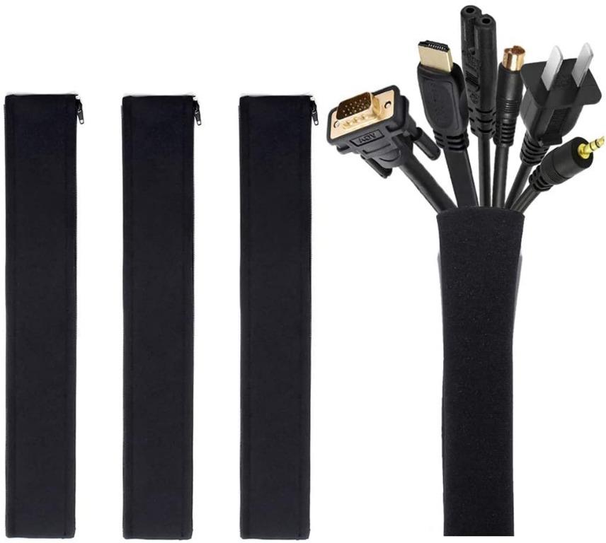 Black 6PCS Cable Management Organizer Set with Zipper Flexible Cable Management Sleeve Wrap Cover Wire Hider Cord Organizer for Power Cords Charging Cables in Office and Home 
