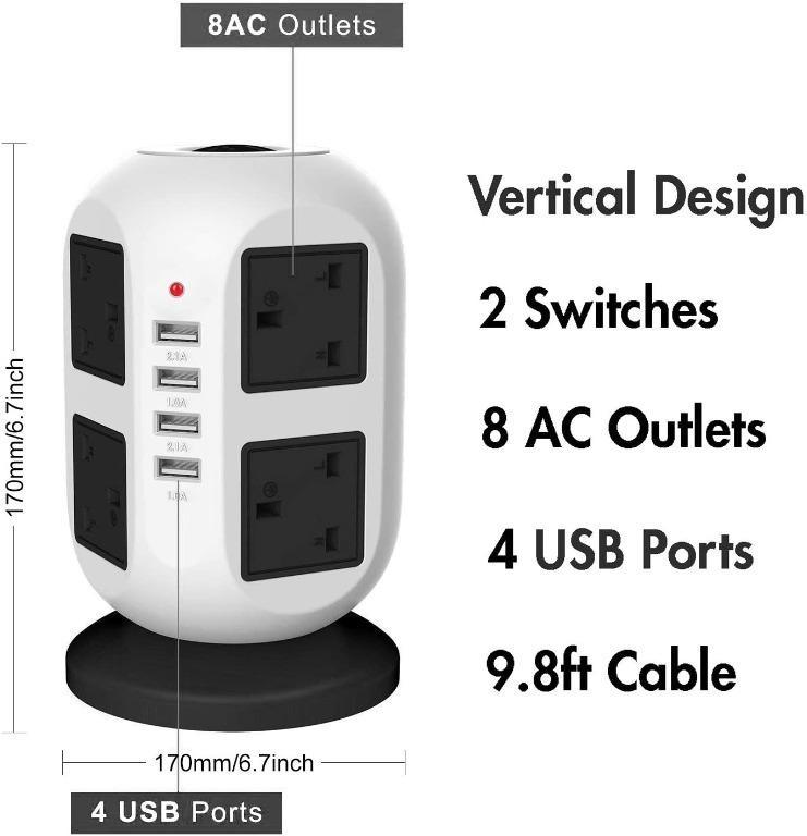 A278 3M/9FT Tower Extension Lead [4 USB Ports 8 Way Outlets] with Surge
