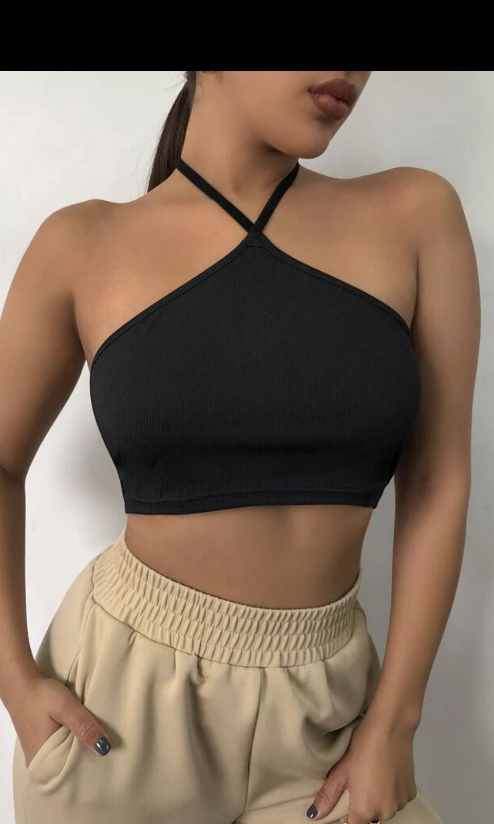 HALTER WRAP CROP TOP - BLACK