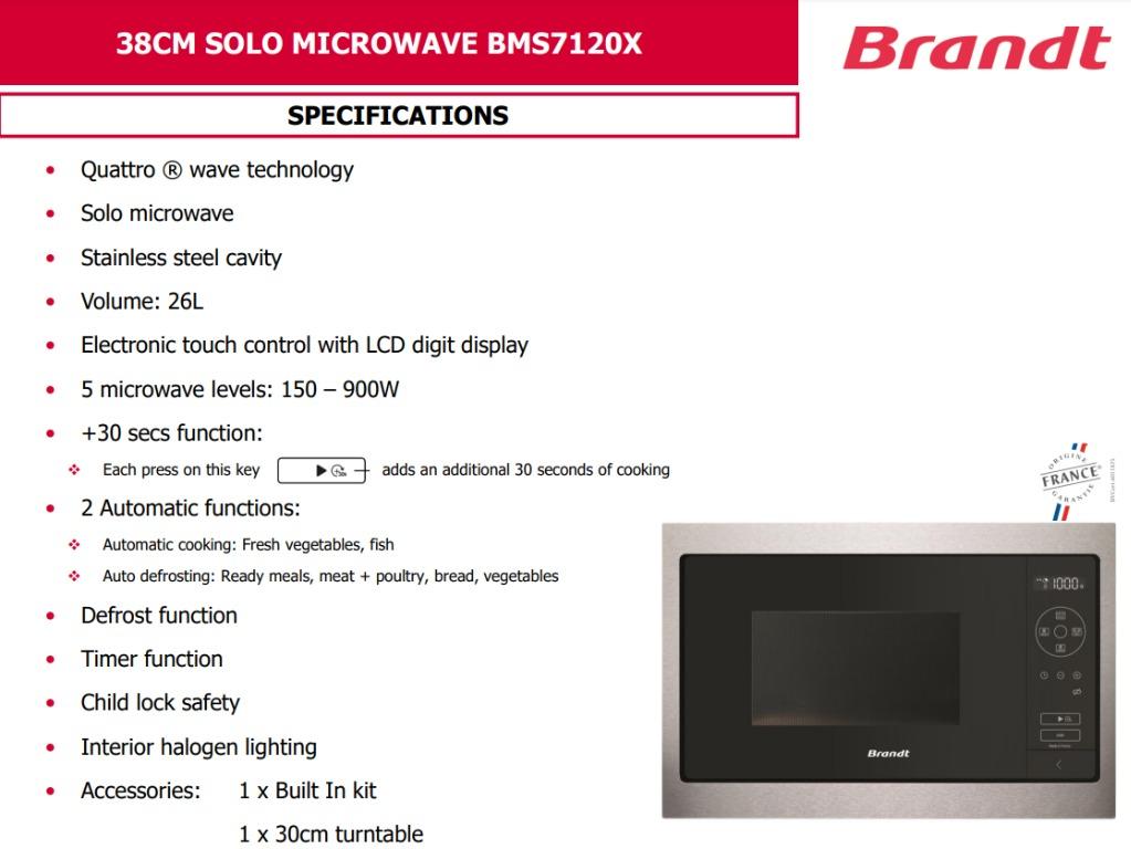 BRANDT BMS7120X 26L STAINLESS STEEL BUILTIN MICROWAVE OVEN, TV & Home