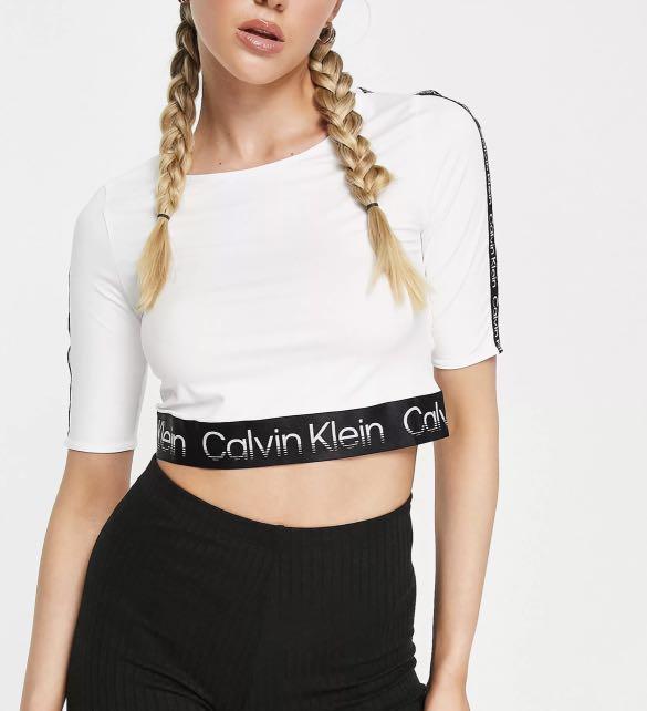 Calvin Klein Performance scoop neck logo tape top in white