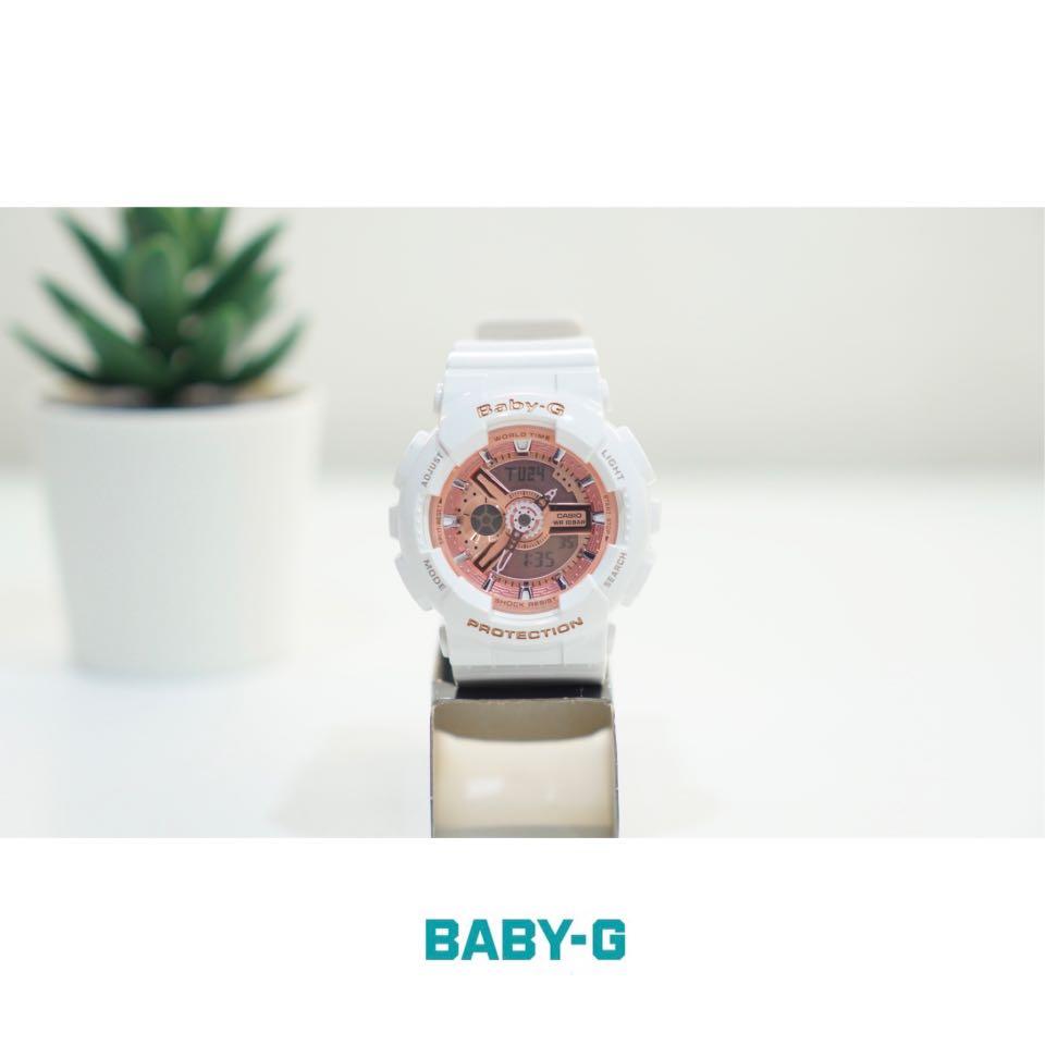 CASIO】卡西歐Baby-G 鬧鈴多時區雙顯錶-白+香檳金(BA-110-7A1) 9.8成新