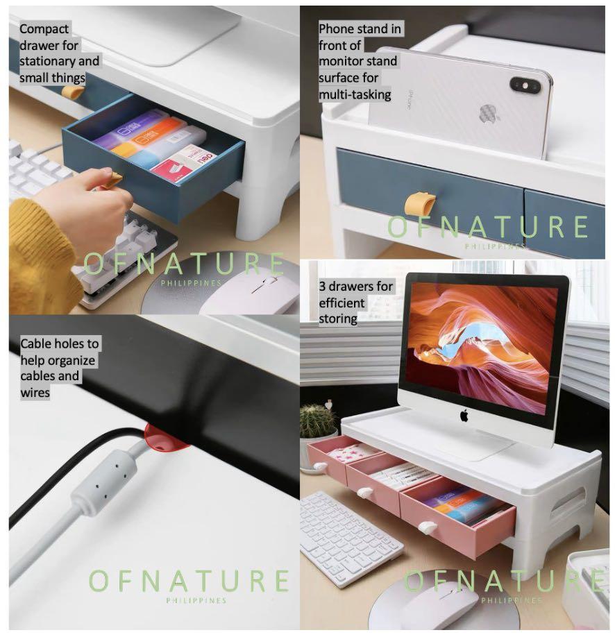 Computer Monitor / Laptop Stand (with Blue Drawers & Keyboard Storage