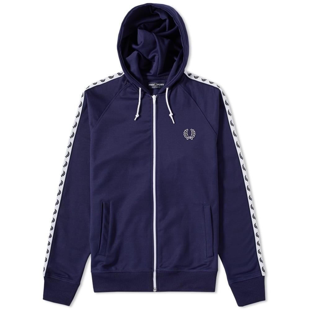 SALE Fred Perry Taped Hooded Track Jacket Carbon Blue Fred Perry Hooded Jacket Fred Perry Men s Jacket Navy Blue Men s Fashion Coats Jackets and Outerwear on Carousell