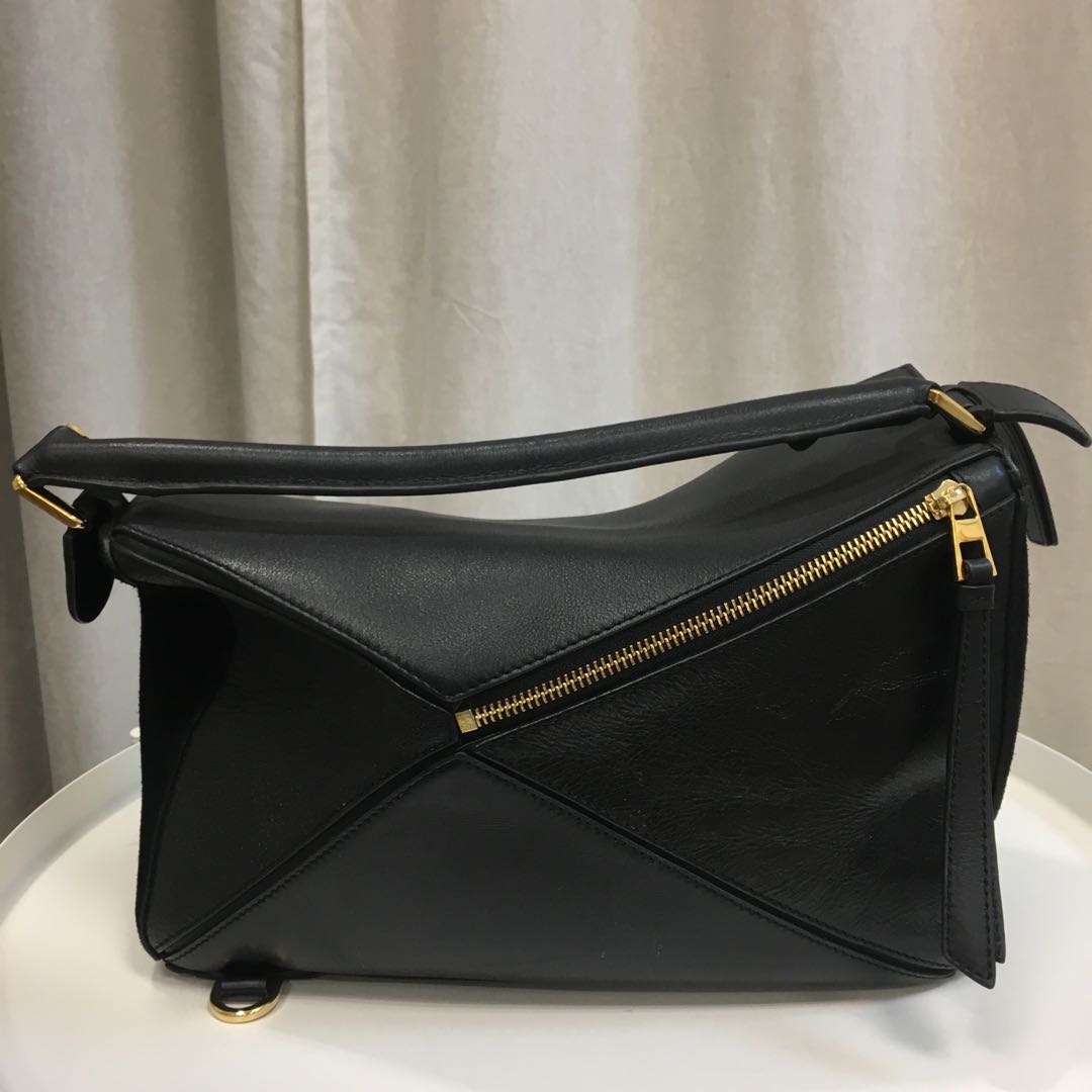 Loewe Mini Puzzle Bag Black/White/Navy Calfskin Gold Hardware