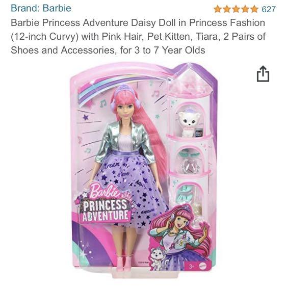 Barbie Princess Adventure Daisy Doll in Princess Fashion (12-inch Curvy)  with Pink Hair, Pet Kitten, Tiara, 2 Pairs of Shoes and Accessories