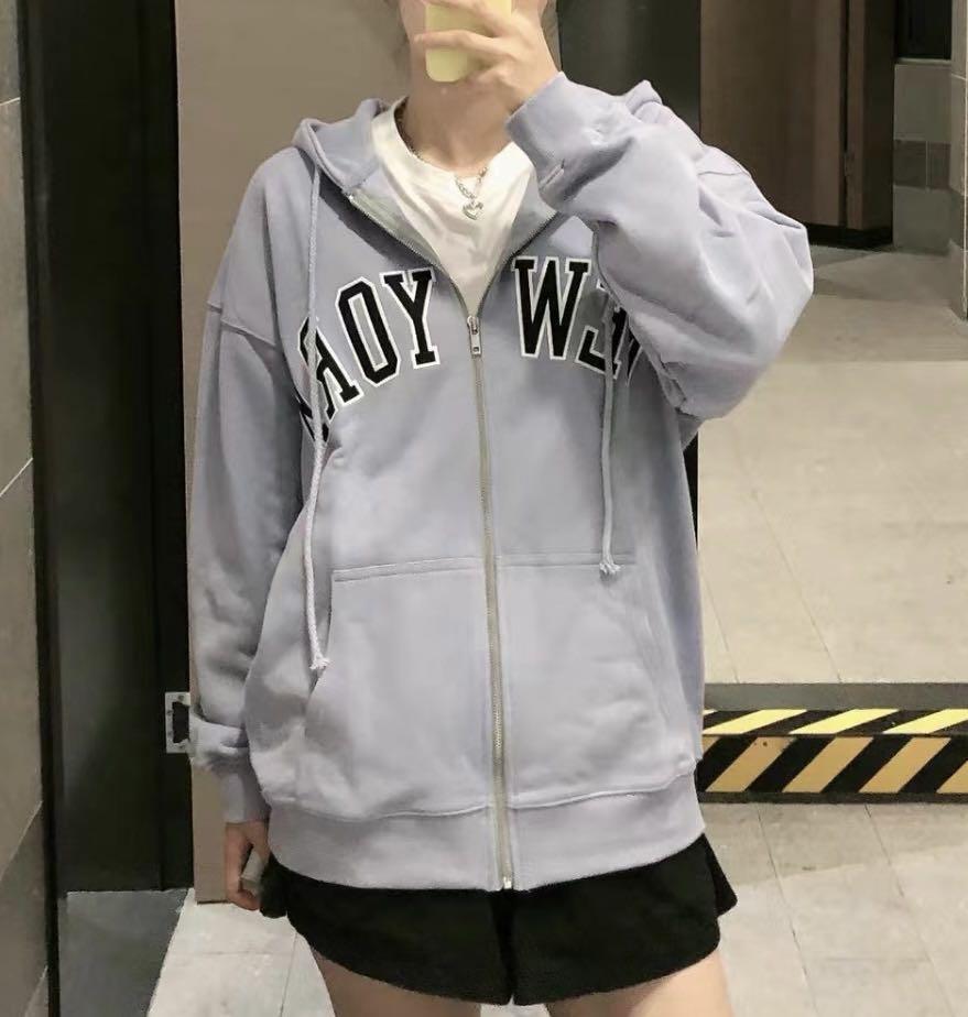brandy melville periwinkle christy new york jacket pull up zip up hoodie long sleeve sweater sweatshirt oversized zip up Women s Fashion Coats Jackets and Outerwear on Carousell