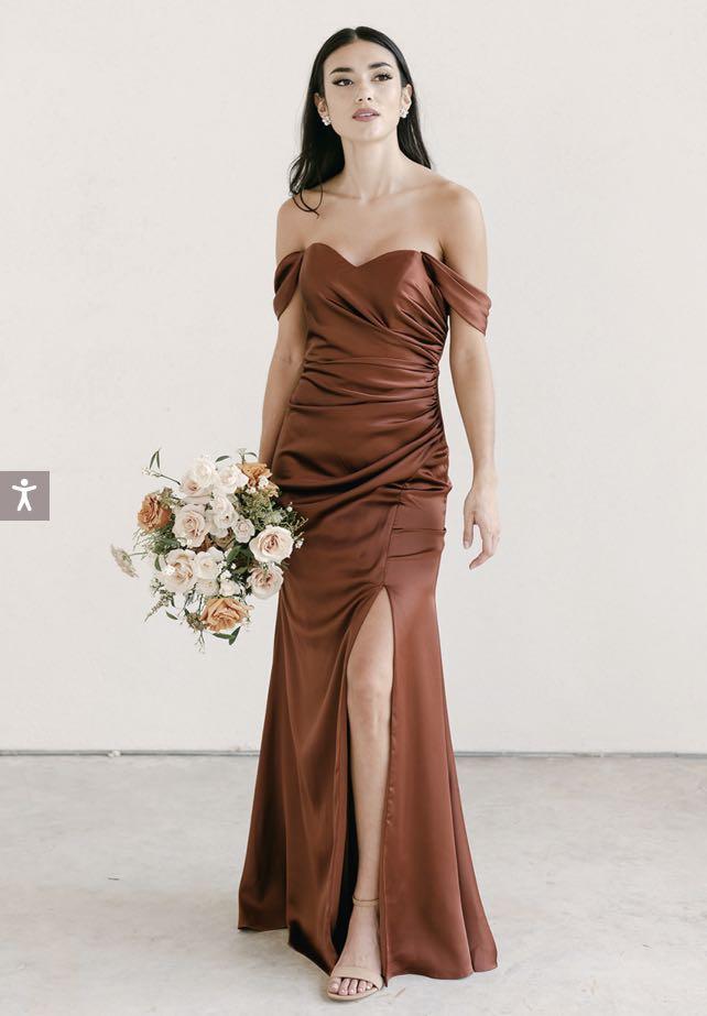 (Can customise) Illusion caramelised brown off shoulder open slit