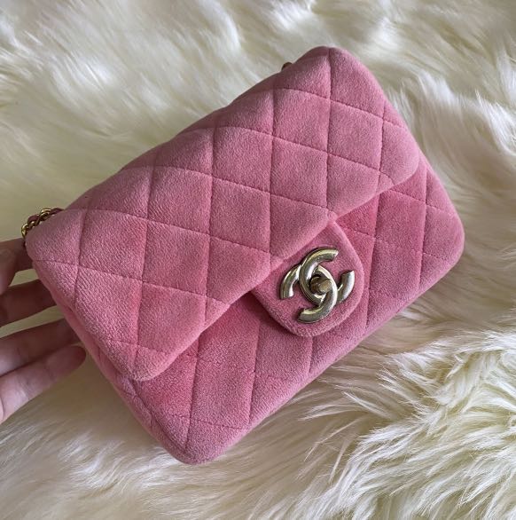 Brand New  Chanel Neon Pink Square Mini Classic Flap Bag Velvet With   RELUXE1ST