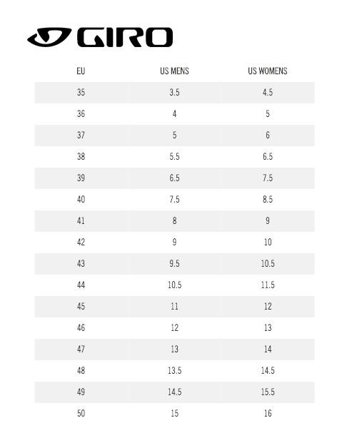 Giro cycling shoe size chart online