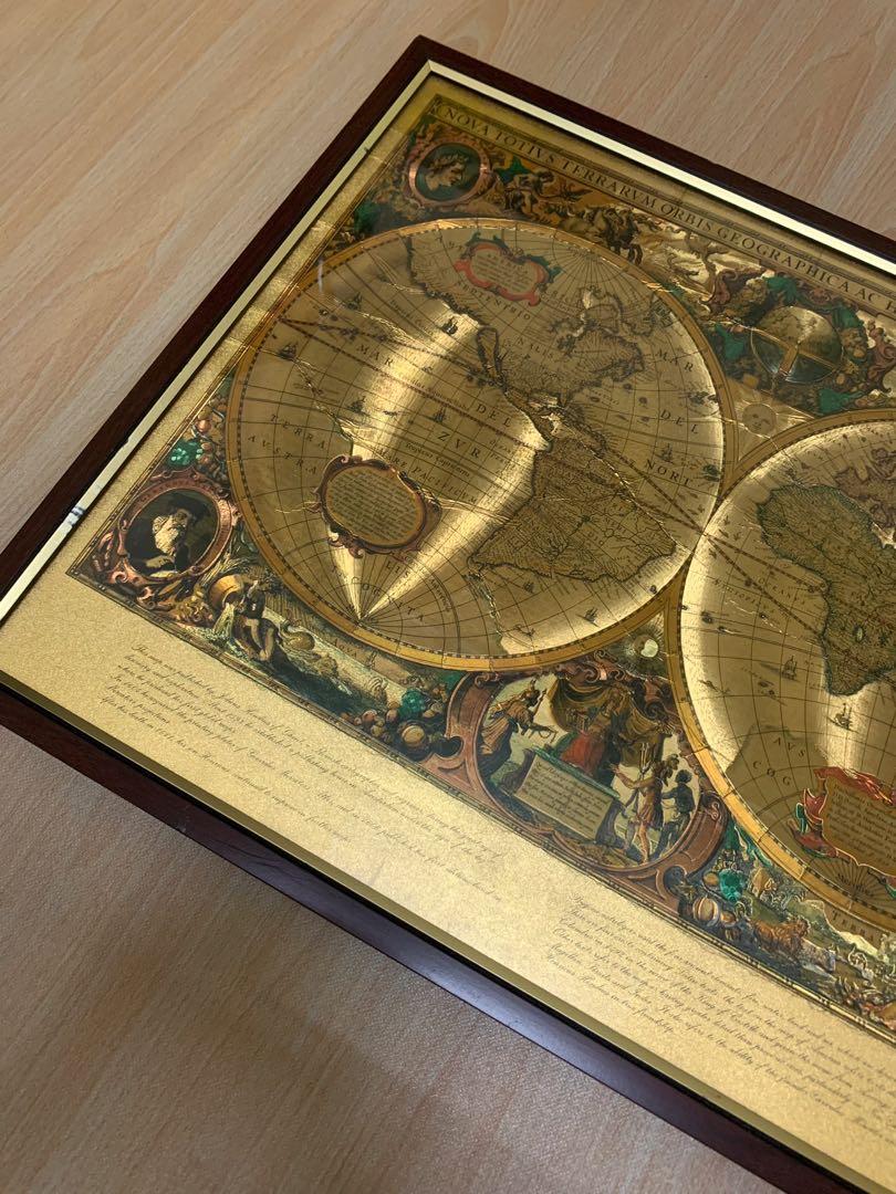 Large Vintage 🔥HENR HONDIO NOVA TOTIVS TERRARUM ORBIS GEOGRAPHICA GOLD MAP  OF THE WORLD🔥 54cmx44cm