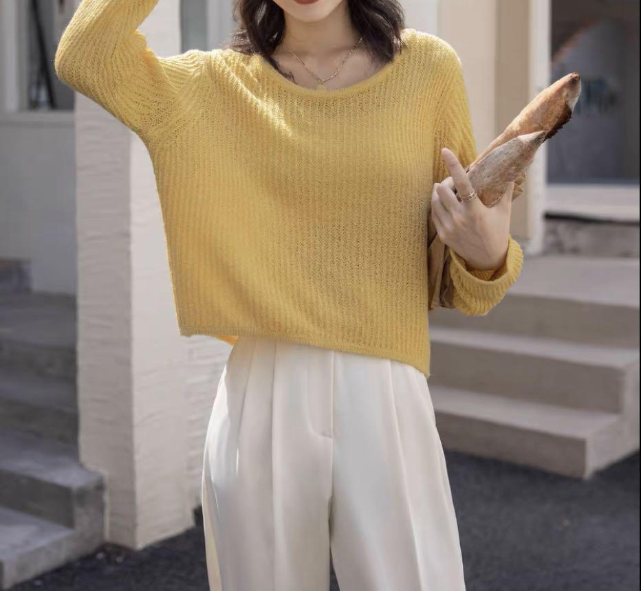 Girl in yellow sweater shop