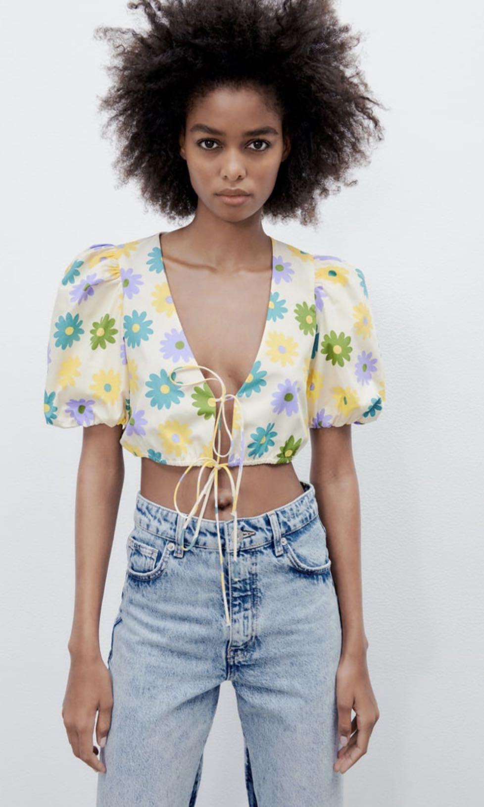 Zara floral poplin top SS 22, Fesyen Wanita, Pakaian Wanita, Atasan di