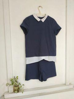 Zara Jumpsuit Playsuit S, dark blue white solid, crew neck collared, short sleeve