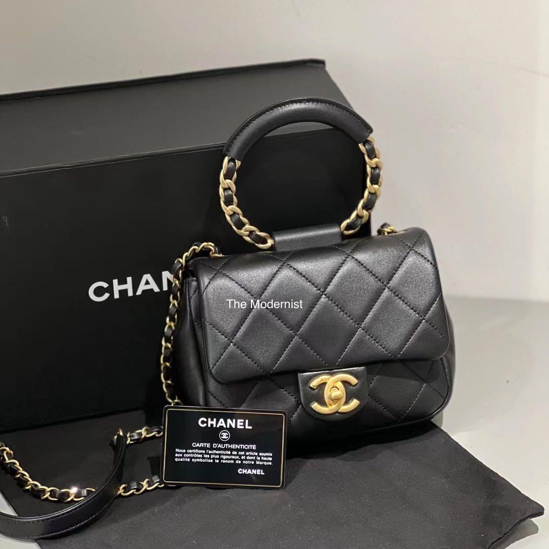 Authentic Chanel Round Circular Handle Square Mini Flap Bag Black Lambskin