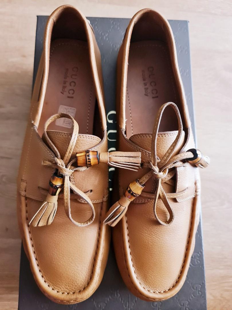 GUCCI BROWN LEATHER DAMO BAMBOO TASSEL DRIVER LOAFER