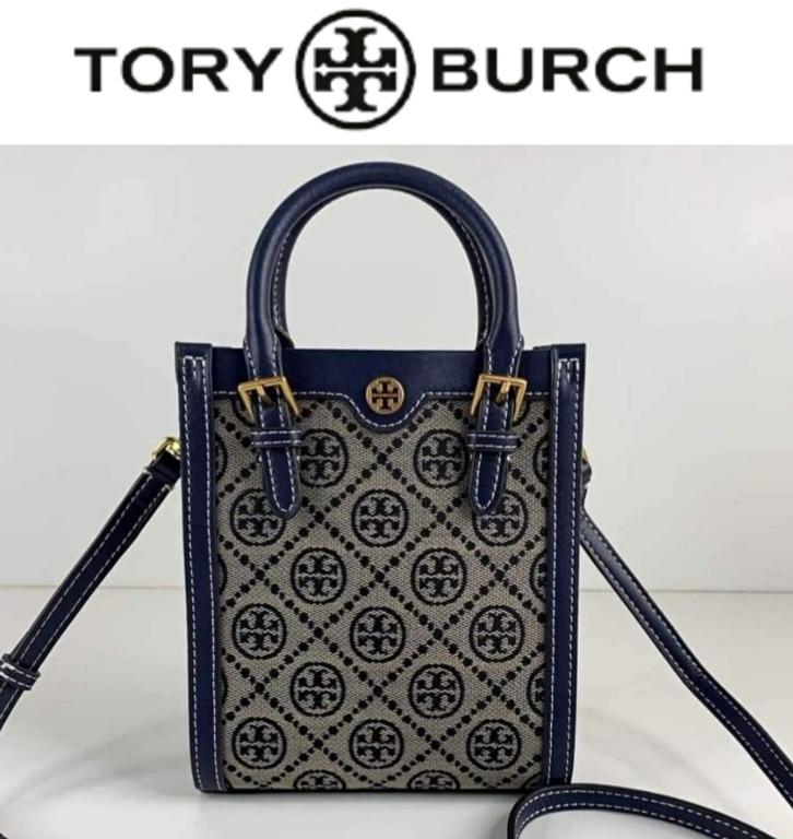 New Tory Burch Original Navy Blue Collection Mini T Monogram Jacquard North South Tote Bag For Women Come With Complete Set Suitable for Gift