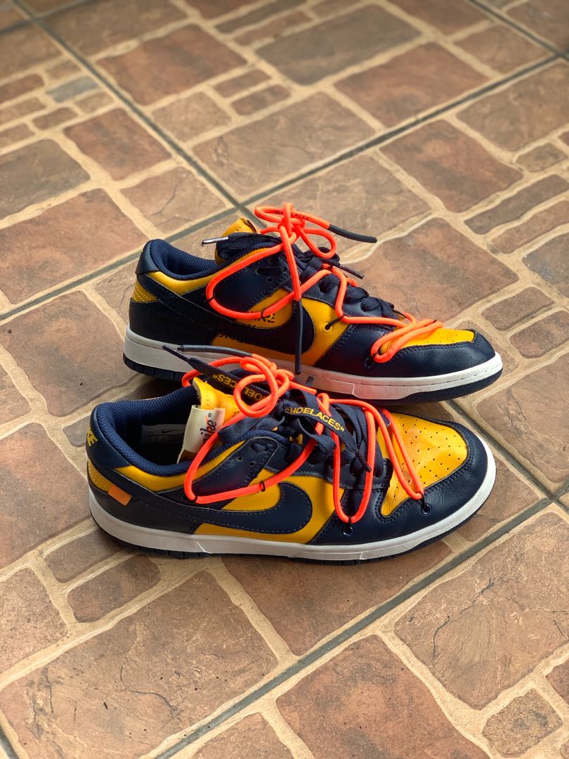 Nike SB Dunk x Off White - Michigan (University Gold Midnihgt Navy), Fesyen  Pria, Sepatu , Sneakers di Carousell