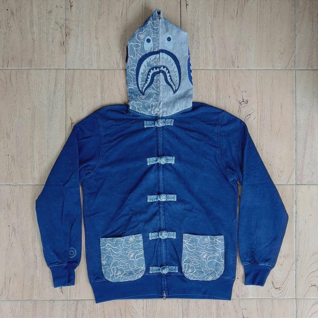 A Bathing Ape BAPE Indigo Blue Shark Full Zip Hoodie Fesyen