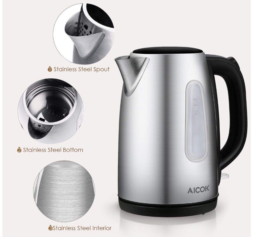 AICOK Electric Kettle Stainless Steel 1500W Fast Boiling Cordless