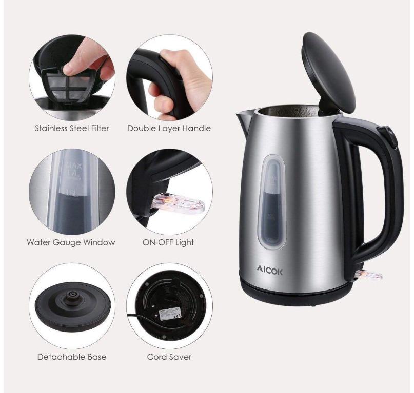 AICOK Electric Kettle Stainless Steel 1500W Fast Boiling Cordless
