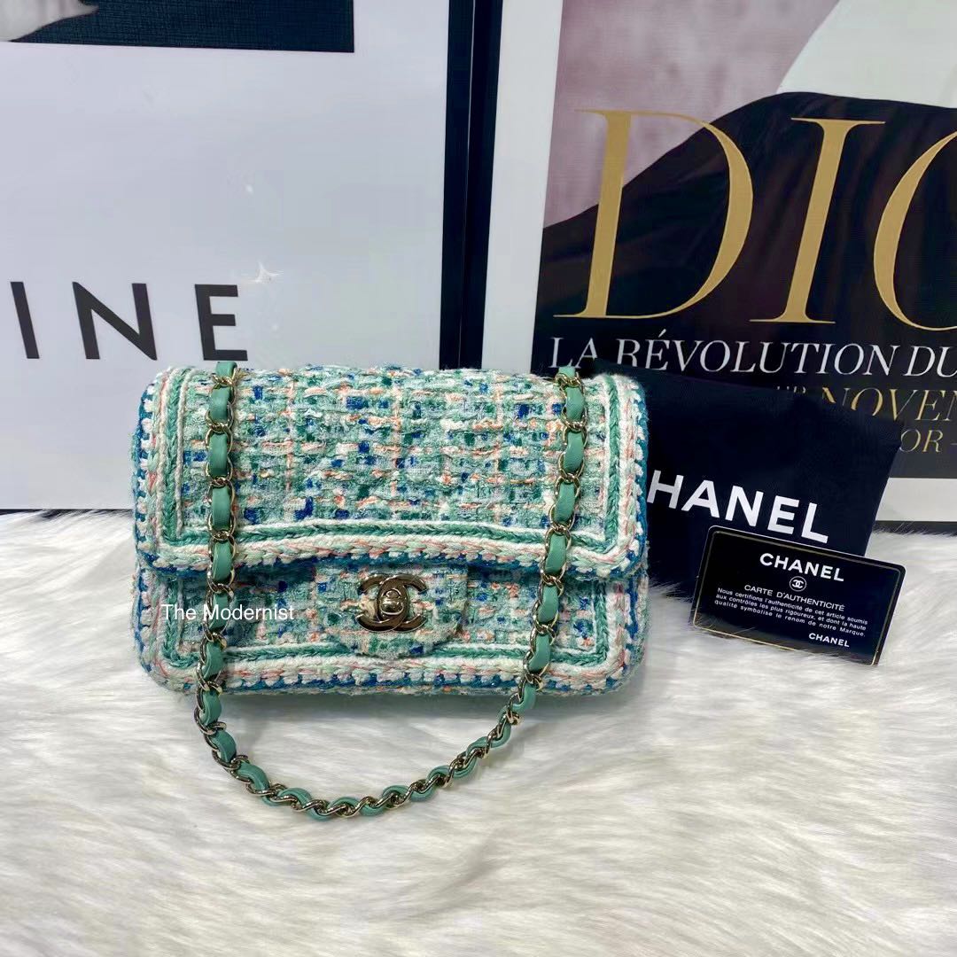 Authentic Chanel 2019 Tweed Mini Flap Bag Blue and Green Luxury Bags Wallets on Carousell