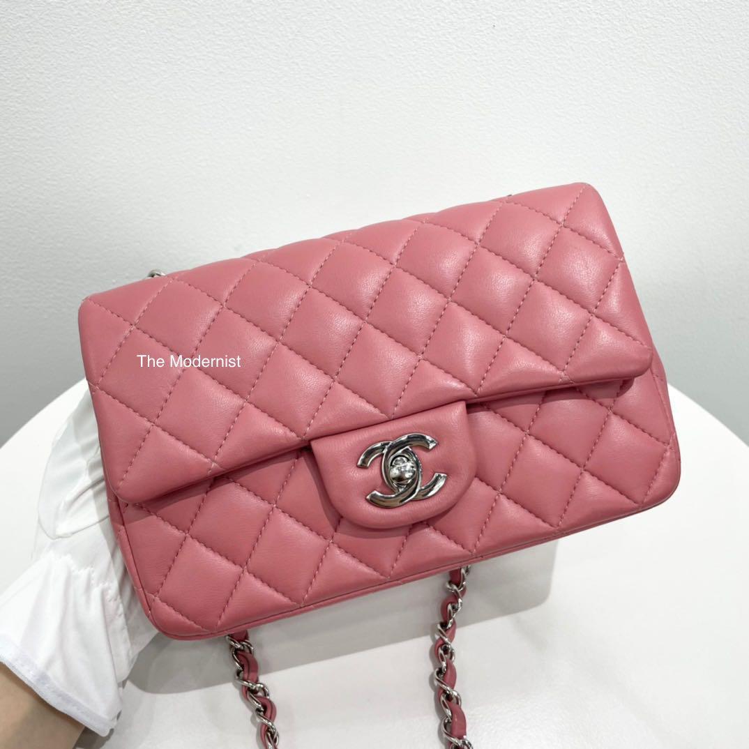 Authentic Chanel Dusty Rose Pink Lambskin Mini Flap Bag Silver Hardware