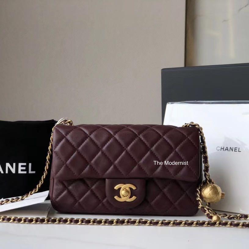 Authentic Chanel Gold Pearl Crush Mini Flap Bag Burgundy