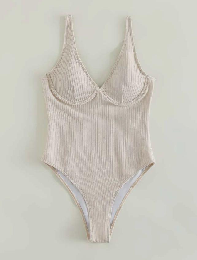 Brand New Beige One Piece Swimsuit Bodysuit Women S Fashion Swimwear Bikinis Swimsuits On Carousell