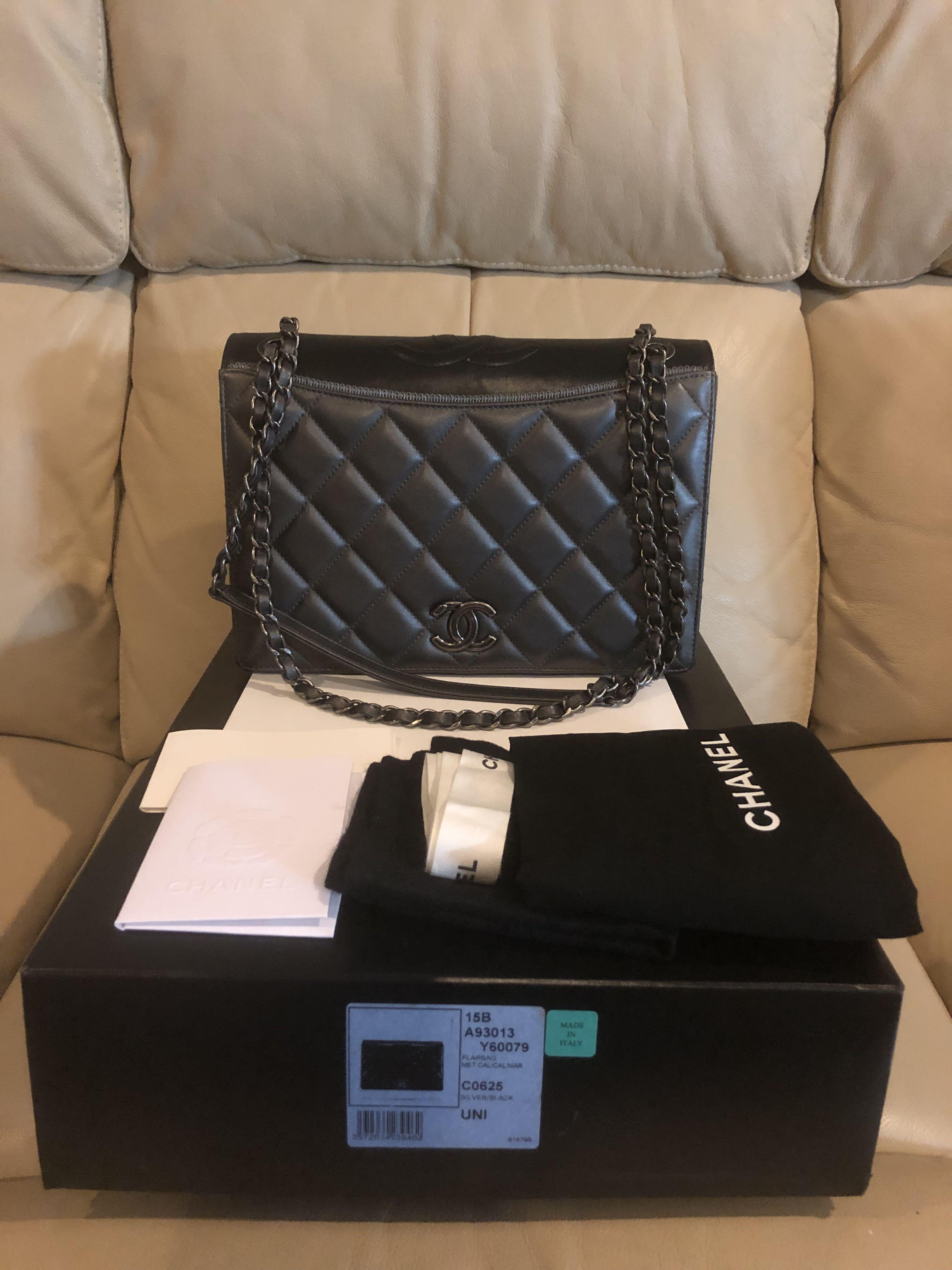 Chanel Bag 2 tone metallic dark grey and black calf Full set