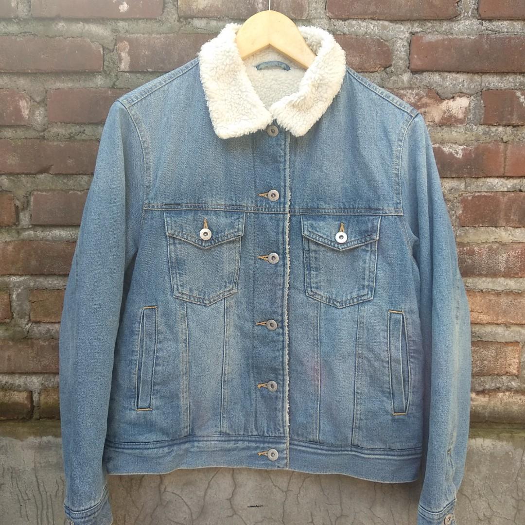 Jacket Denim Sherpa GU, Fesyen Pria 