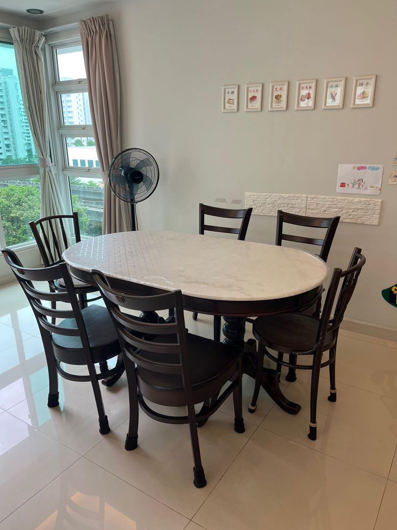 Kopitiam marble top table oval long w kopitiam chairs, Furniture & Home