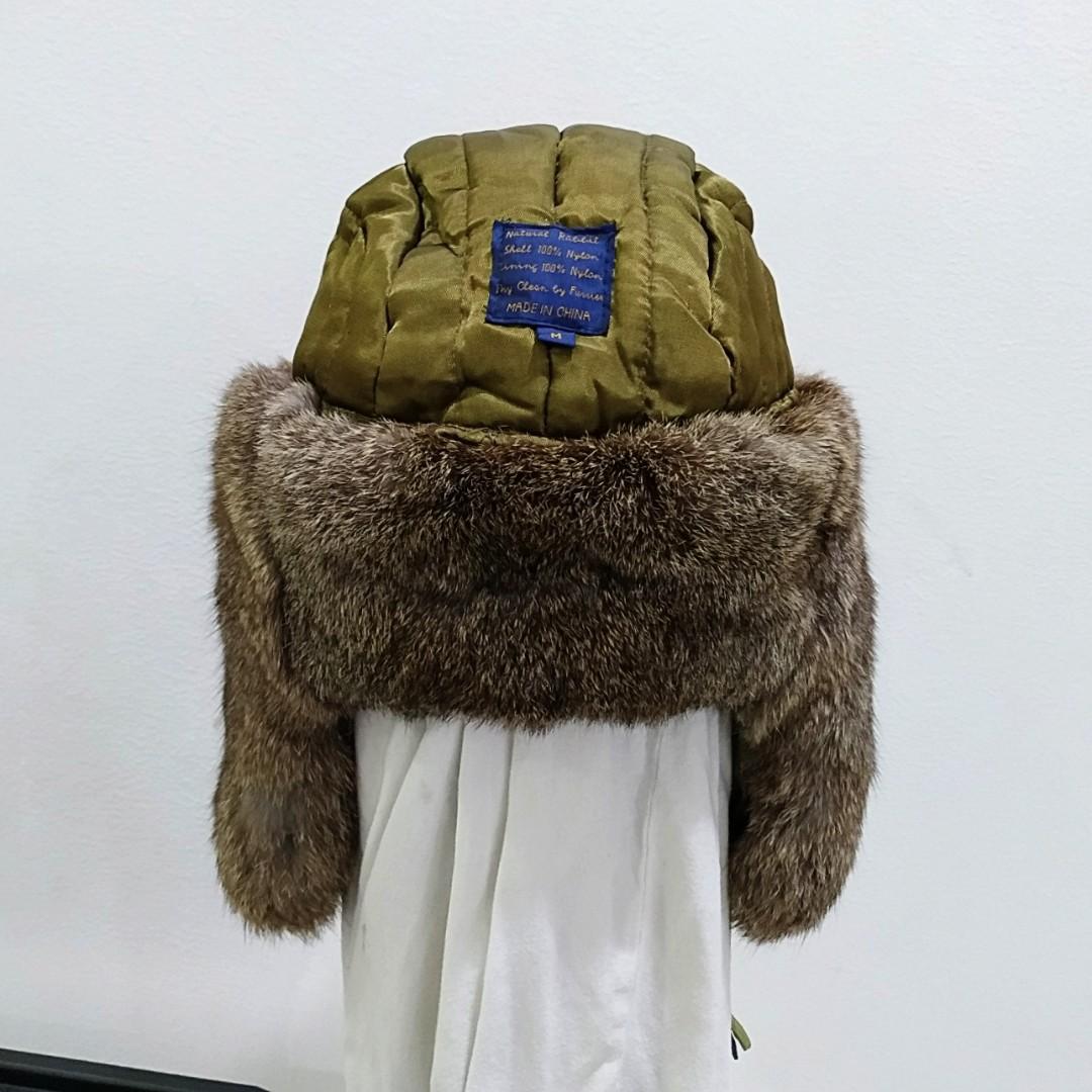 Mad Bomber Green Beige Rabbit Fur Hat 