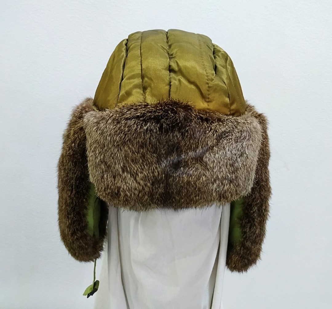 Mad Bomber Green Beige Rabbit Fur Hat 