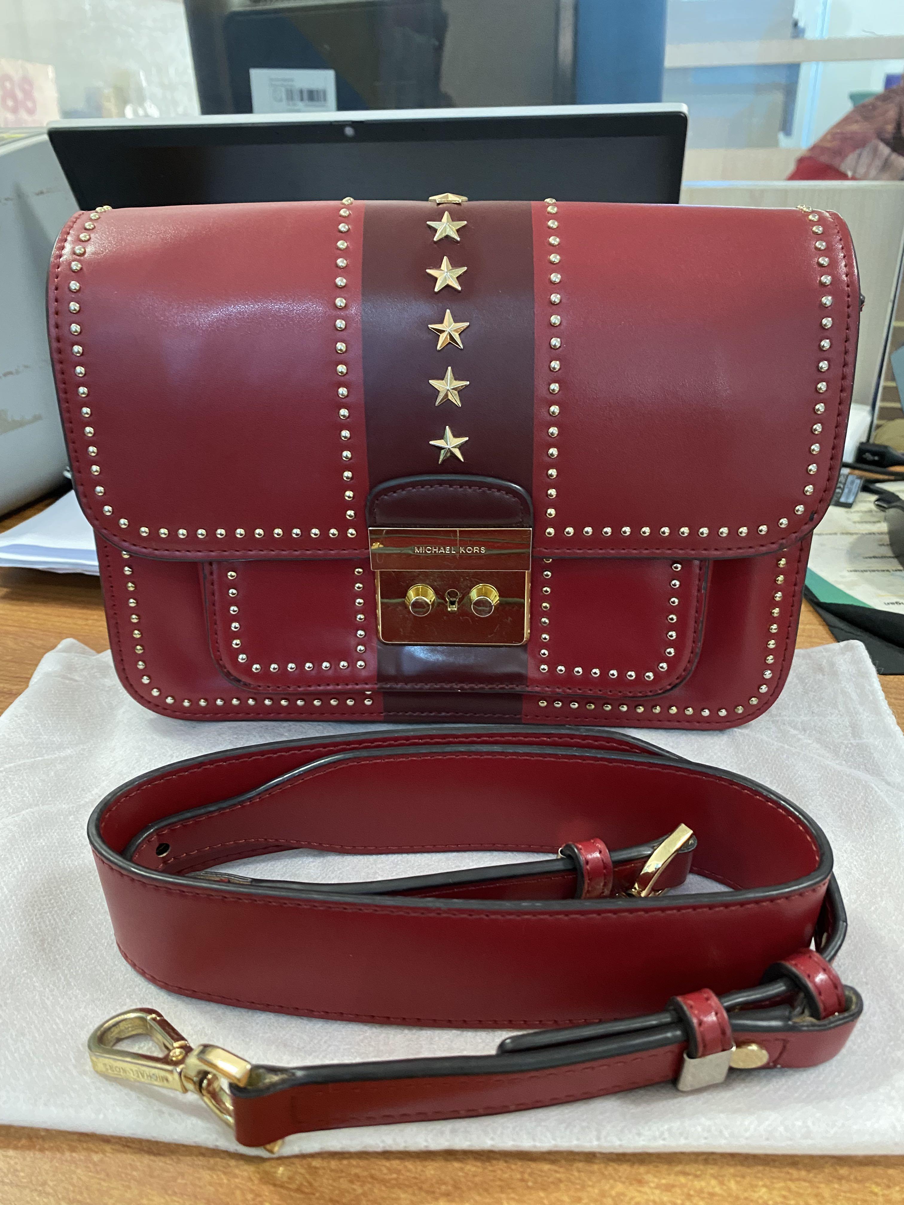 New Michael Kors Sloan Editor Shoulder bag leather gold star studded bright  red