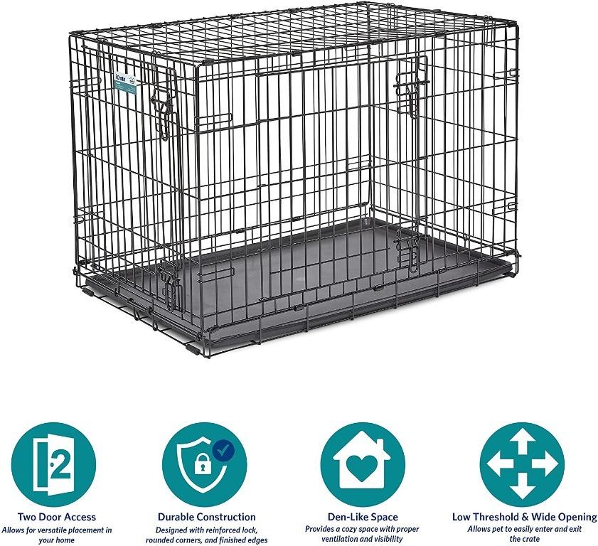 MidWest iCrate USA 36 Double Door Folding Metal Dog Crate w Divider Panel Floor Protecting Roller Feet Leak Proof Plastic Tray 36L x 23W x 25H Inches Intermediate Dog Breed cage Pet