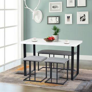 NEW- White Marble Dining Table Set With Grey Bench & Chairs-