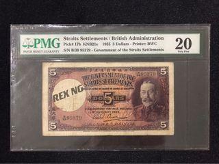 PMG20 Straits Settlements Old King 1935 $5 Dollar B/39 95379