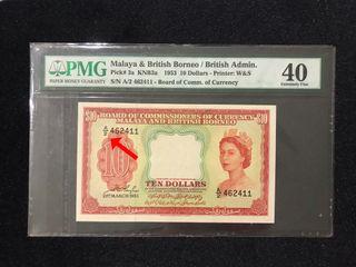 PMG40 A2 Malaya & British 1953 Queen $10 Dollar A/2 462411