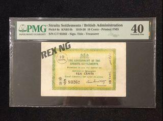 PMG40 Cardboard Straits Settlements 1920 10 Cents C/7 93262