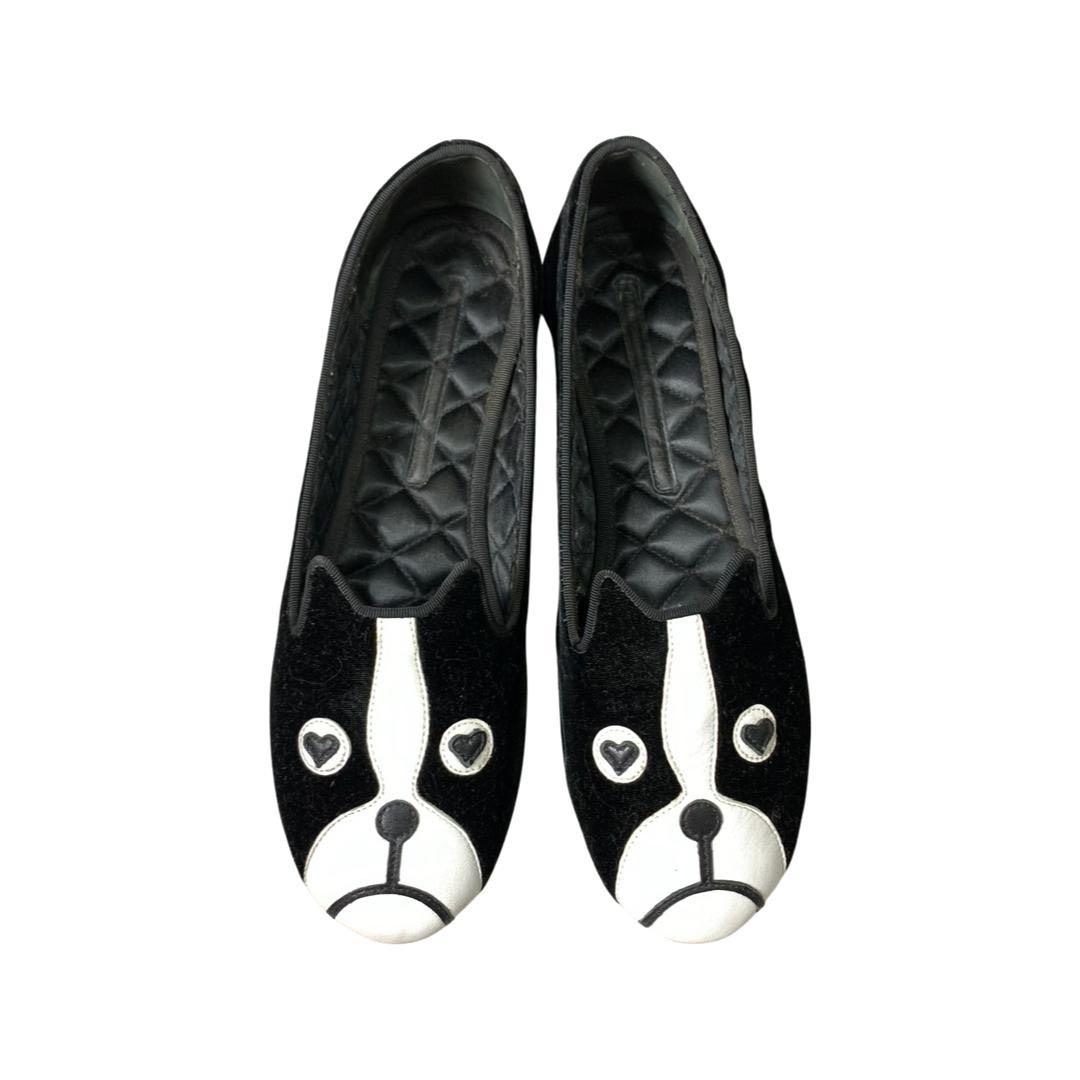 Preowned Marc Jacobs Dog Flats in Black Velour White Leather size 40 insole 25 cm shoes only