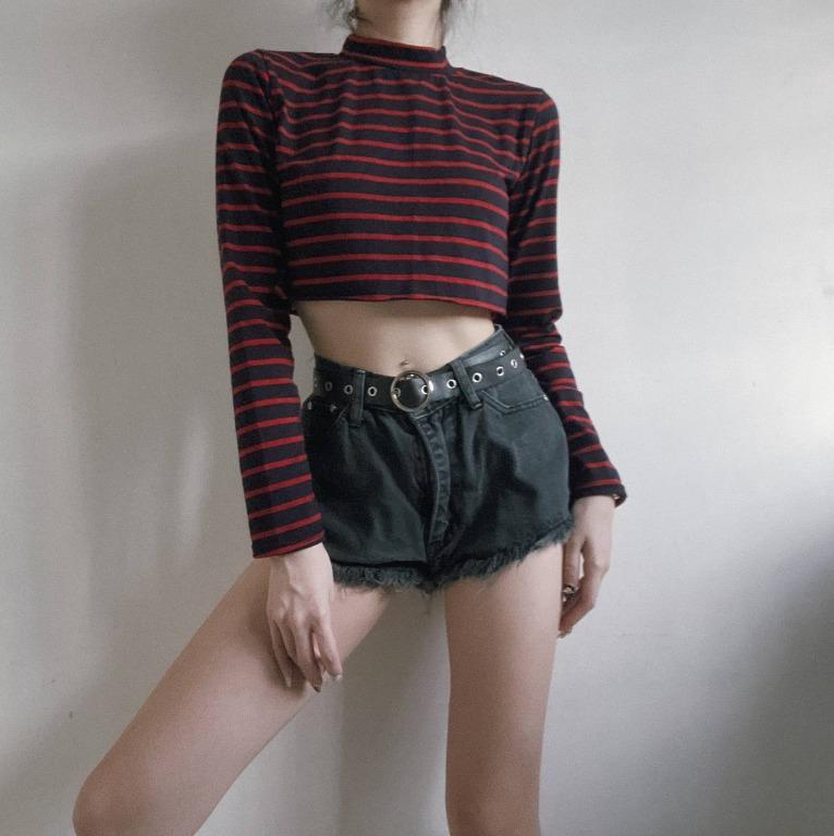 red black striped turtle neck top Women s Fashion Tops