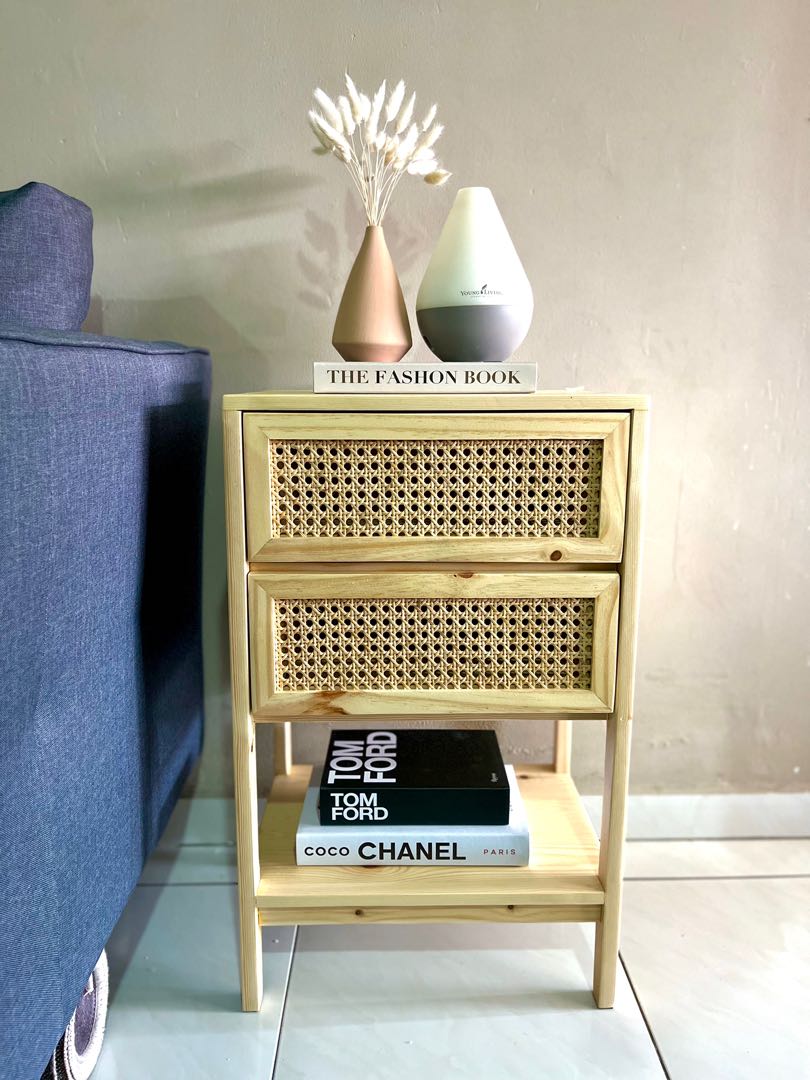 2 Drawer Cane Sidetable/ Pinewood side table/ rattan side table