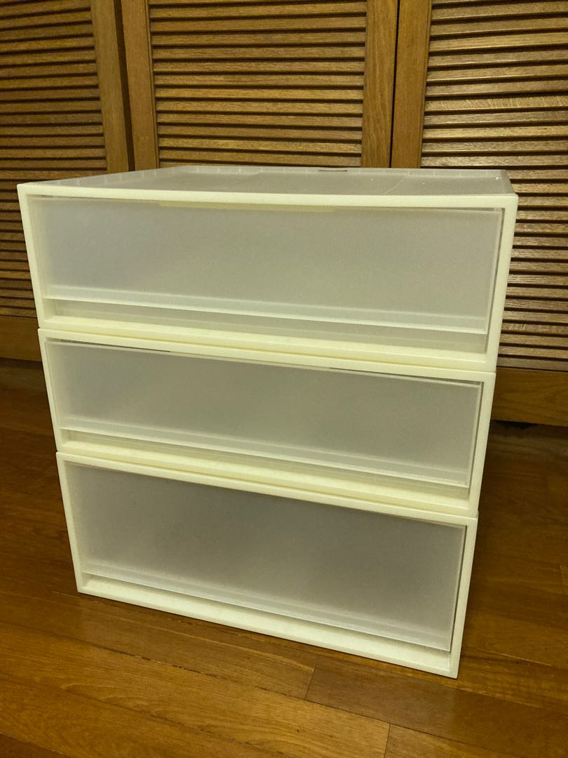 3 clear boxes from Muji, Furniture & Home Living, Furniture, Shelves