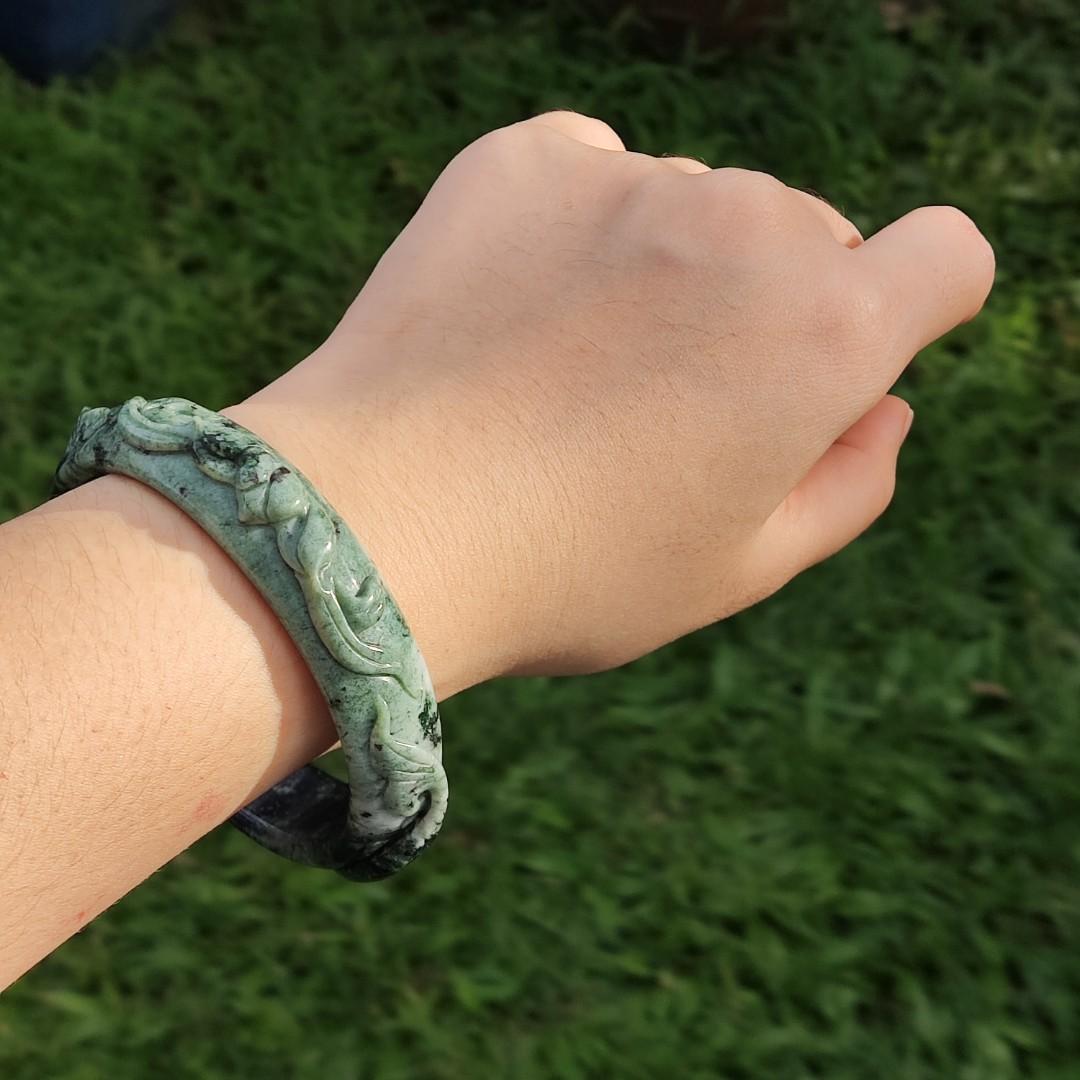 🍀 60mm ~ Natural Serpentine Jade Bracelet carved Bangle Fish