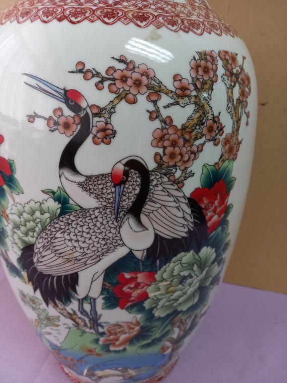 中国景徳鎮製　孔雀牡丹漢詩 大型花瓶 中国 景徳鎮製 孔雀牡丹図大瓶 送料込み0325
