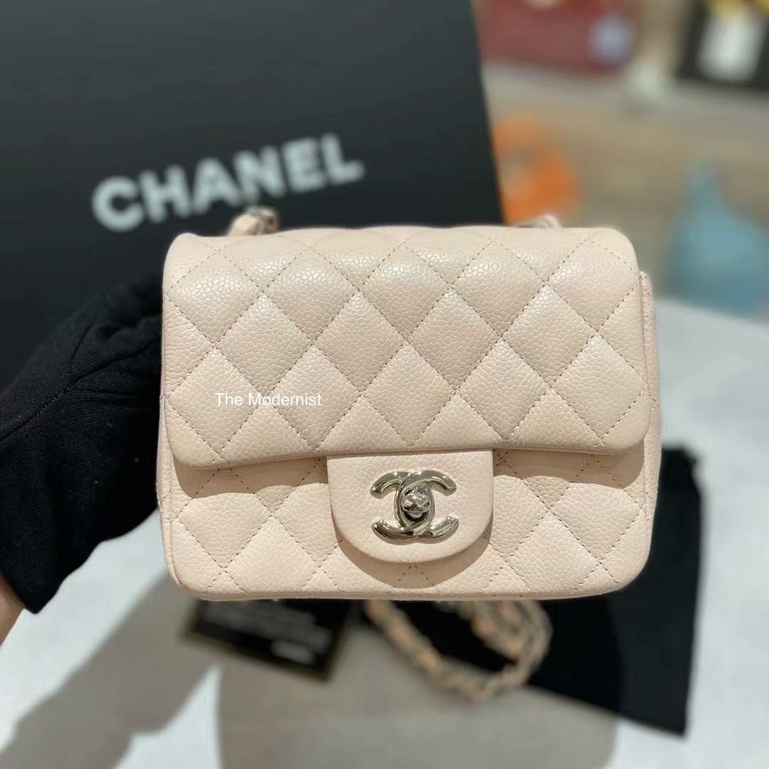 Authentic Chanel Light Beige Nude Caviar Leather Square Mini Flap